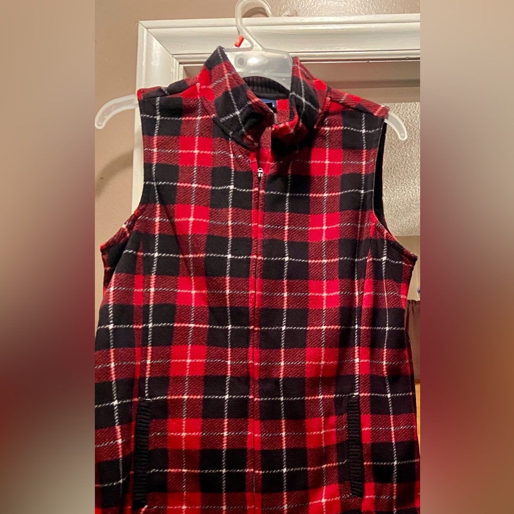 Super soft black white and red striped vest